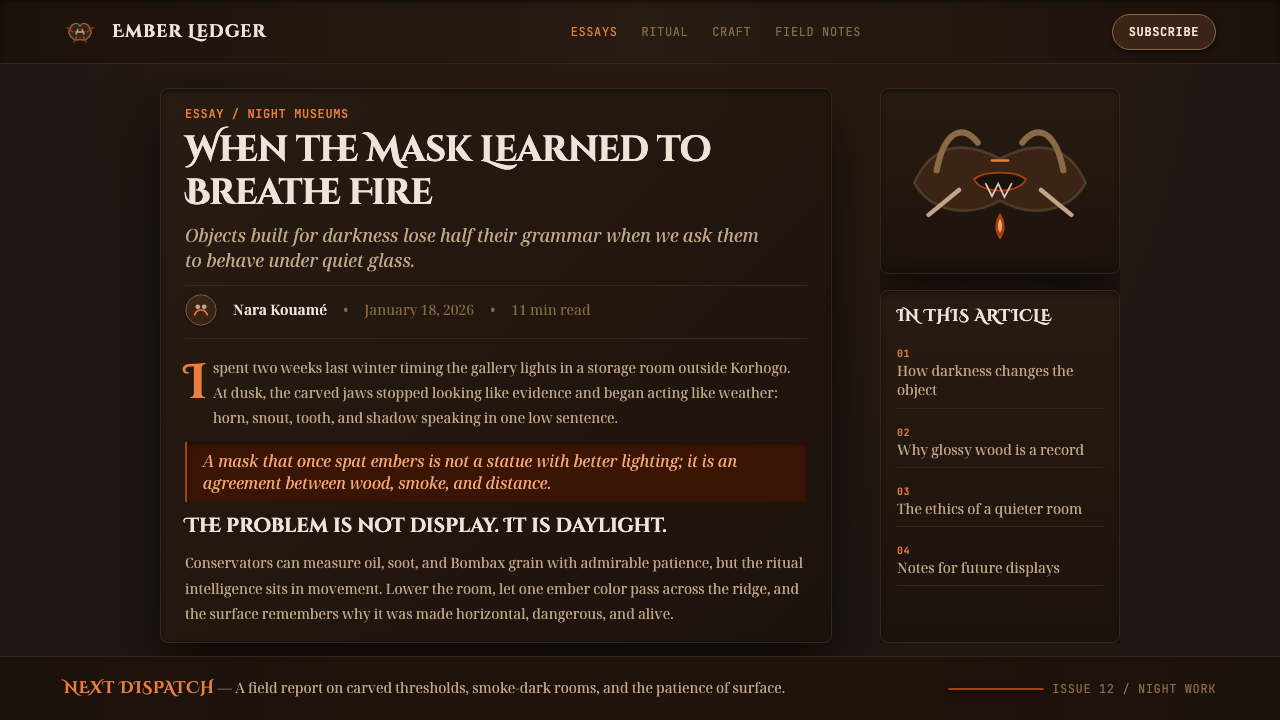 Senufo Firespitter Mask design style applied to a Article page
