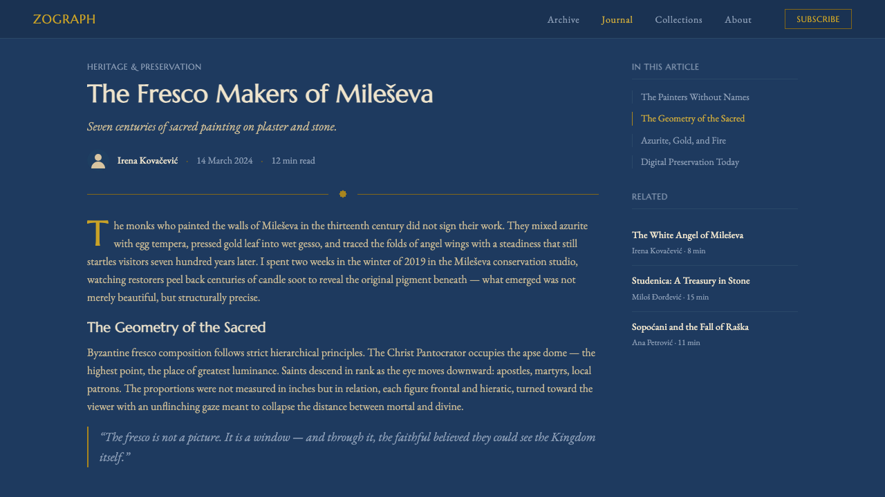 Serbian Medieval Fresco design style applied to a Article page