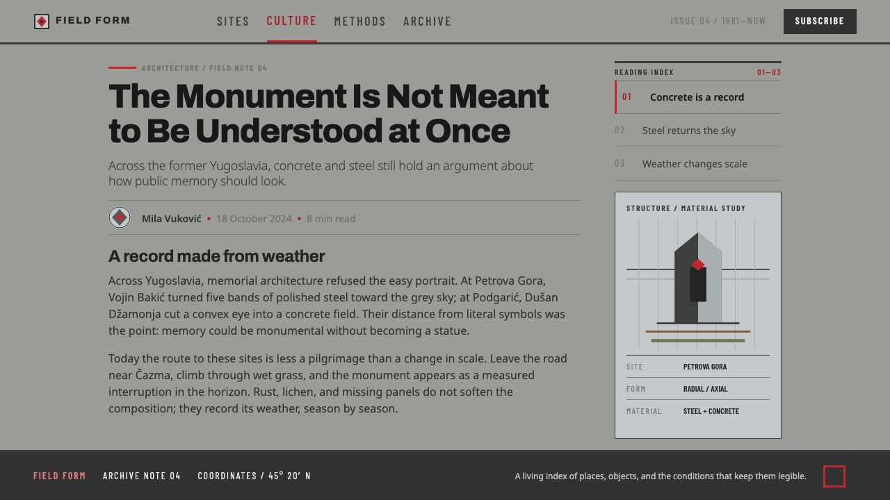 Yugoslav Spomenik design style applied to a Article page