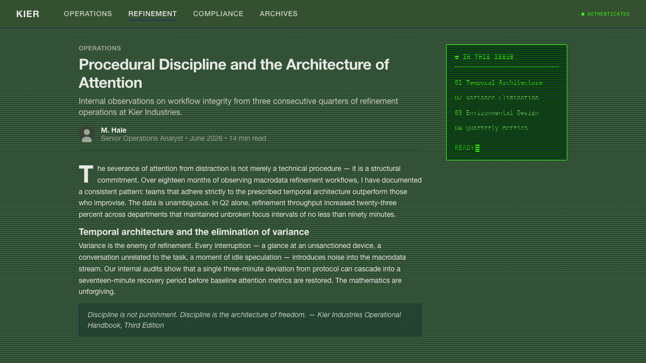 Severance Lumon design style applied to a Article page