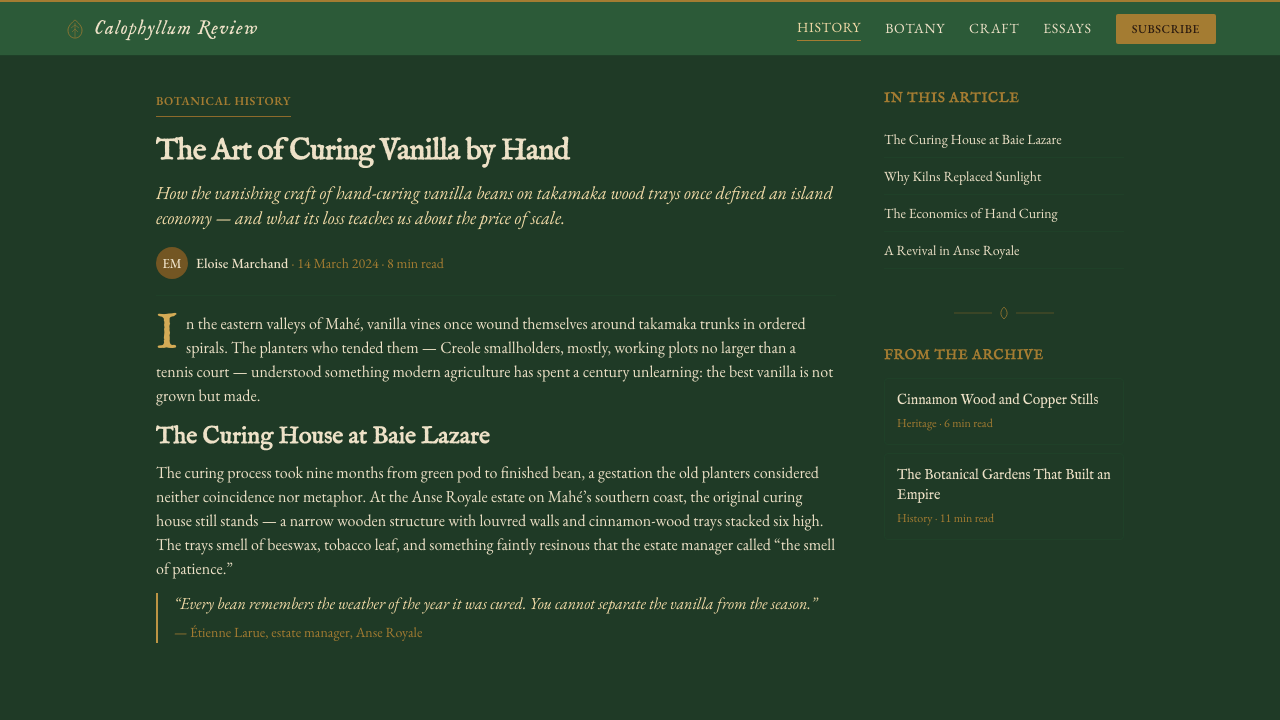 Seychellois Vanilla Takamaka design style applied to a Article page