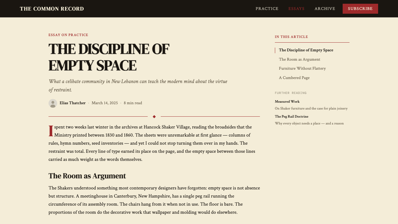 Shaker Broadside Print design style applied to a Article page