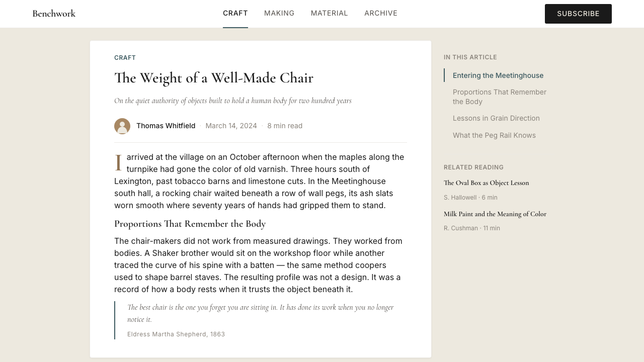 Shaker Furniture 1850 design style applied to a Article page