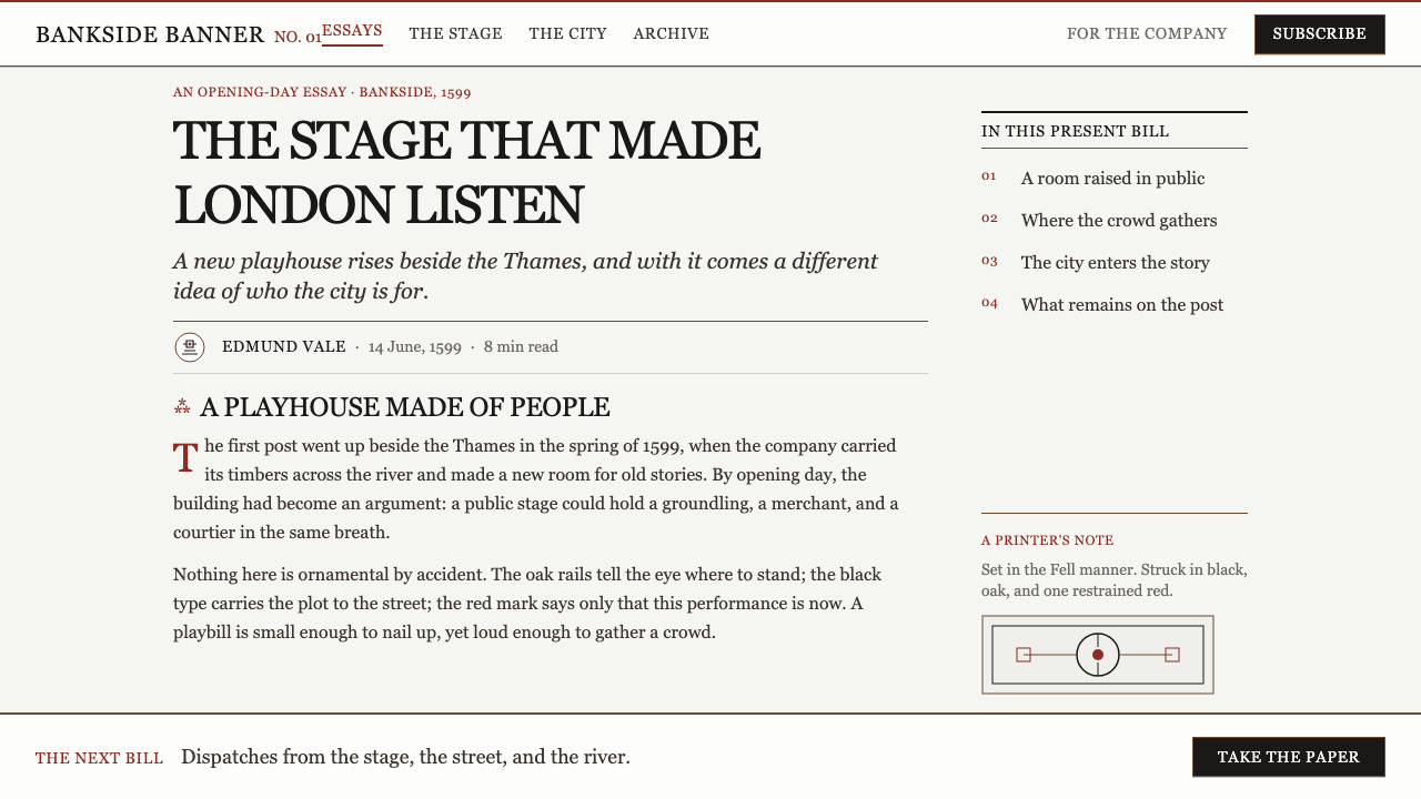 Shakespeare's Globe (1599) design style applied to a Article page
