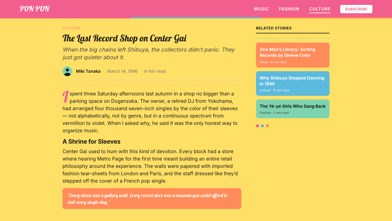 Shibuya-kei (Flipper's Guitar, 1995) design style applied to a Article page