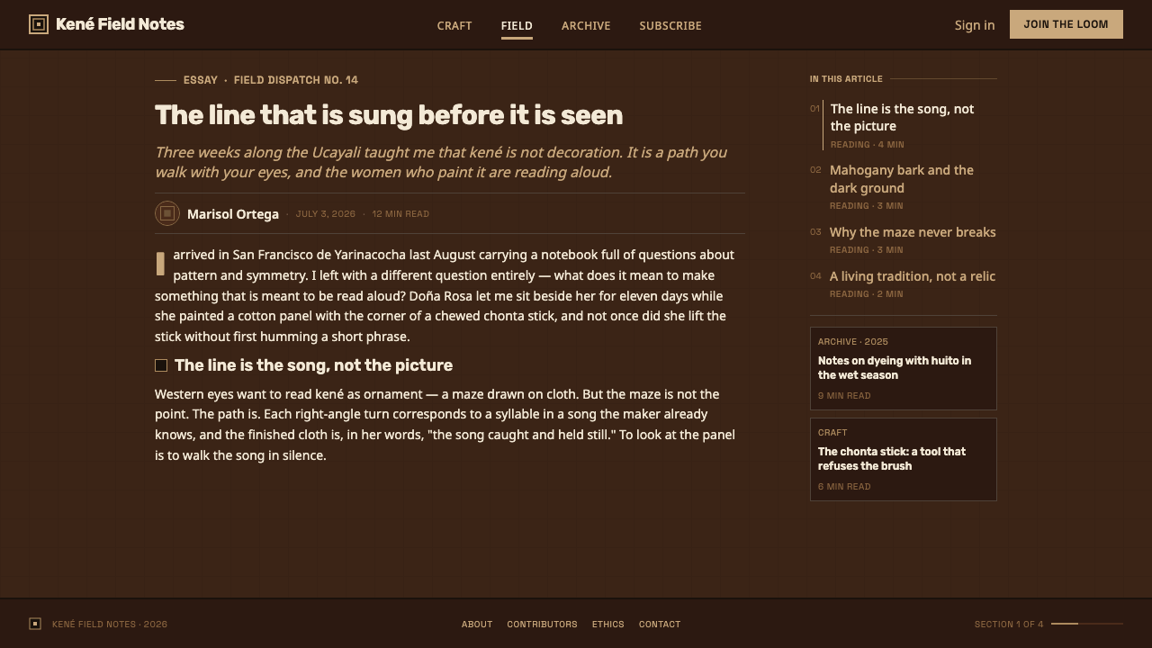 Shipibo Kené Pattern design style applied to a Article page