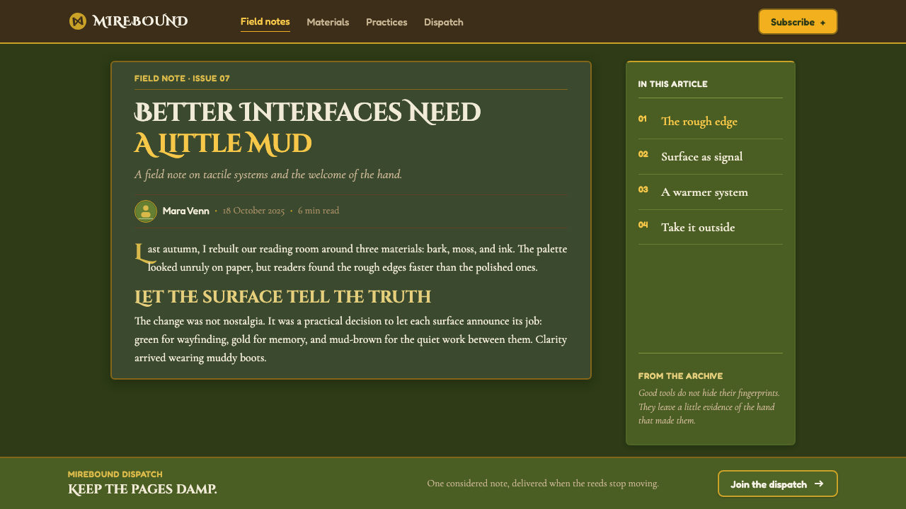 Shrek Swamp (2001) design style applied to a Article page