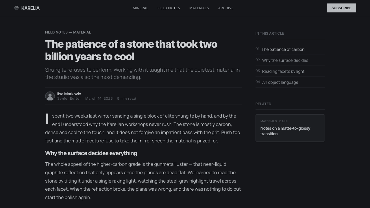 Shungite Charcoal Mineral design style applied to a Article page