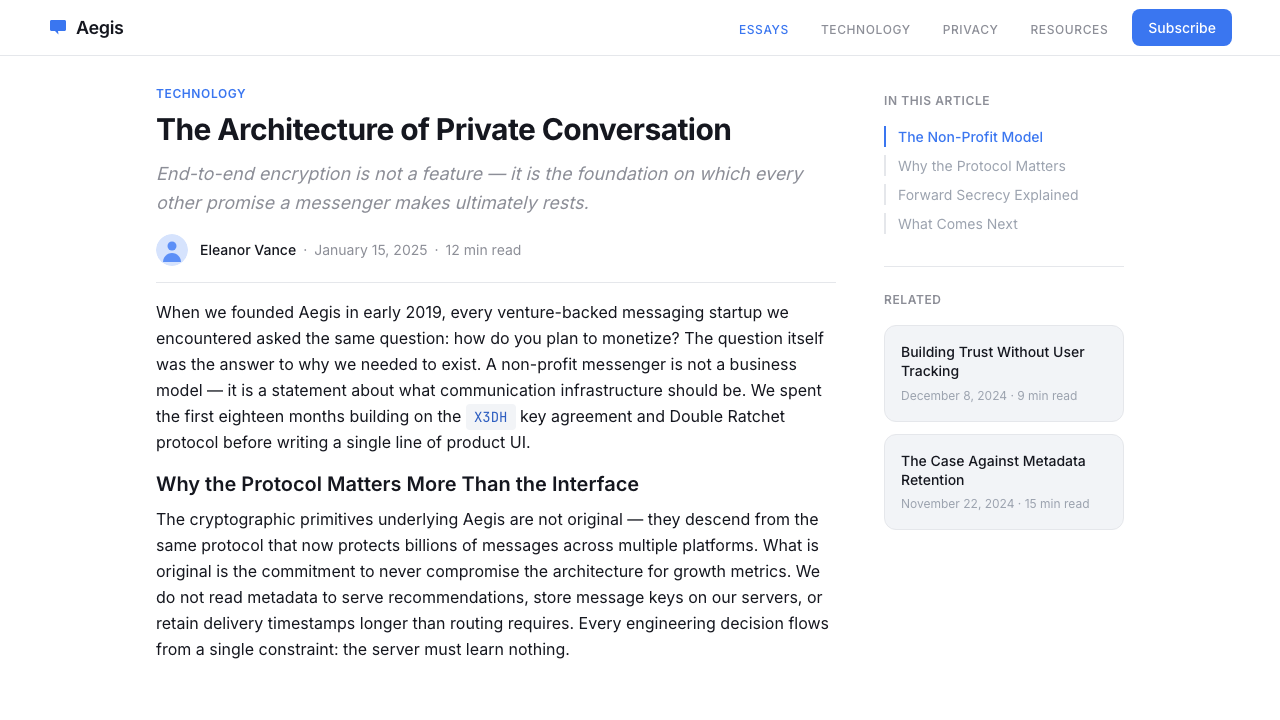 Signal Encrypted Messenger design style applied to a Article page