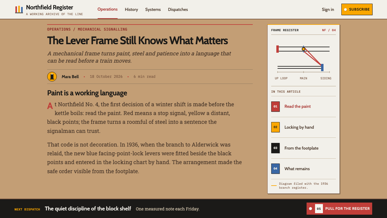Signal Box Lever Frame design style applied to a Article page