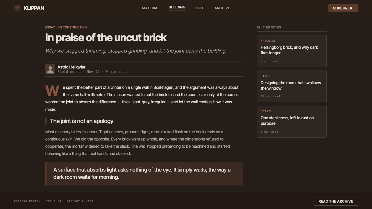 Lewerentz Dark Brick design style applied to a Article page