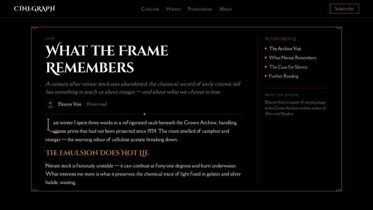 Silent Film Intertitle design style applied to a Article page