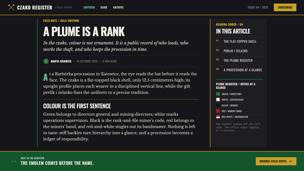 Silesian Miner Czako design style applied to a Article page