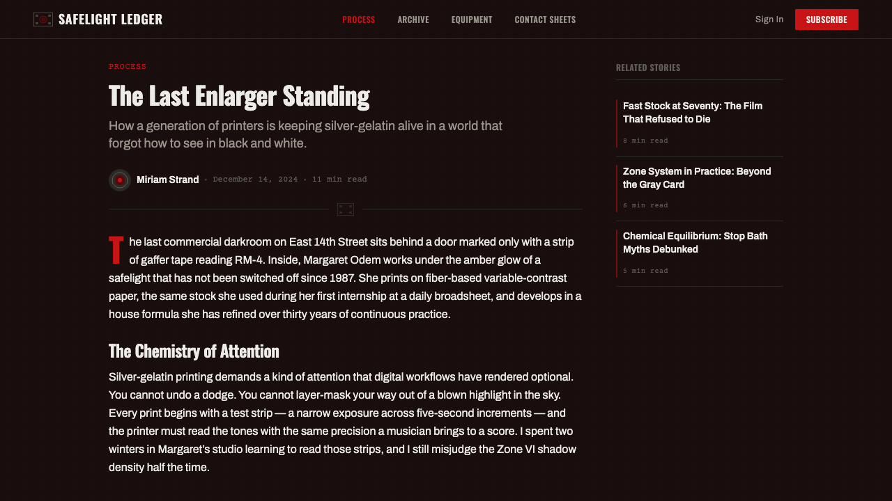 Silver Gelatin Darkroom design style applied to a Article page