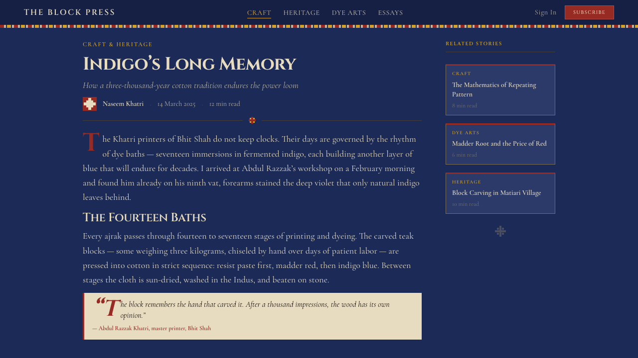 Sindh Ajrak Block Print design style applied to a Article page