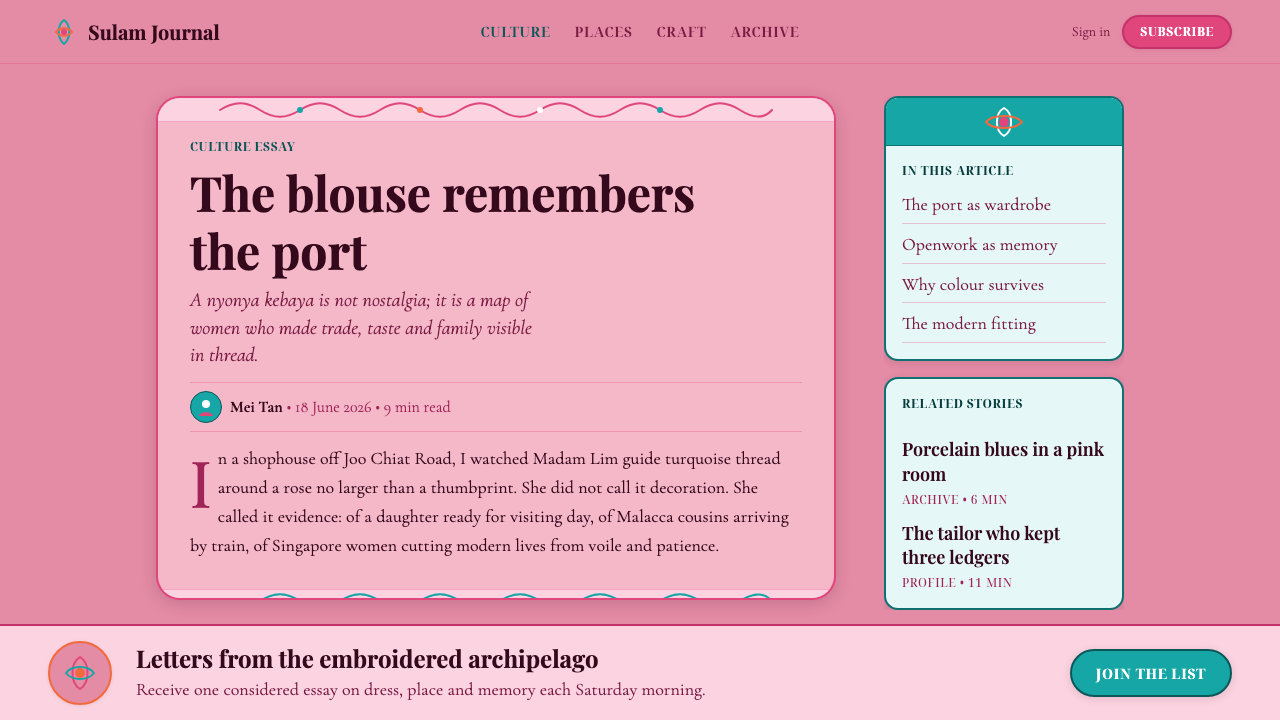 Nyonya Kebaya Embroidery design style applied to a Article page