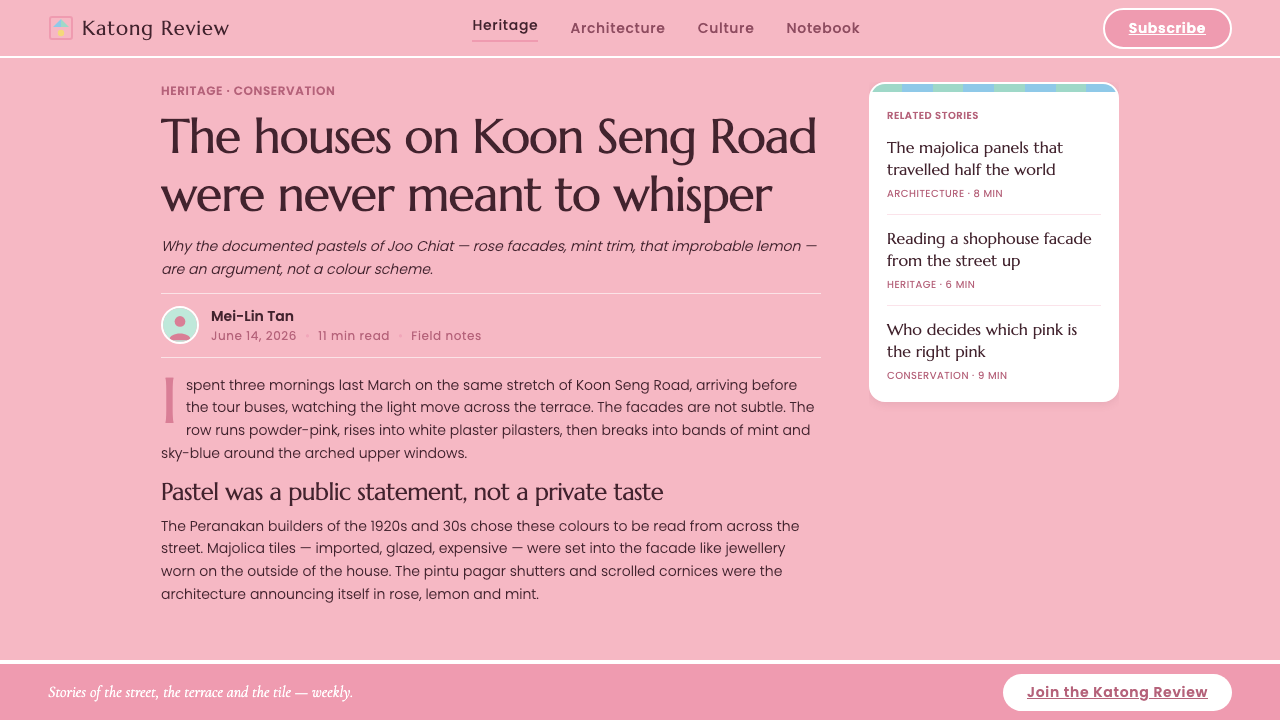 Peranakan Shophouse Pastel design style applied to a Article page