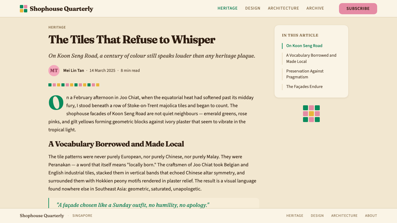Peranakan Shophouse Tile (Joo Chiat) design style applied to a Article page