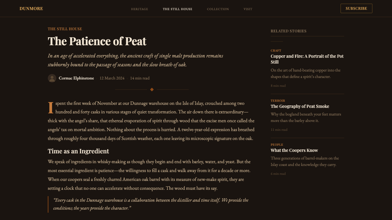 Single Malt Scotch design style applied to a Article page