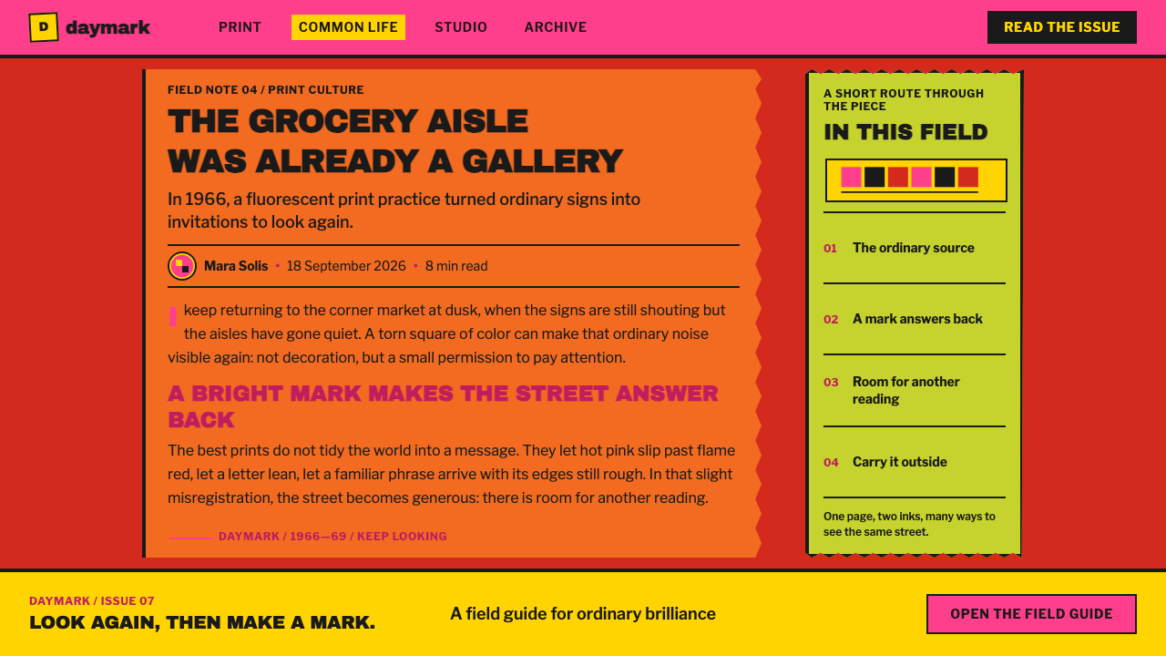 Corita Kent Serigraph design style applied to a Article page