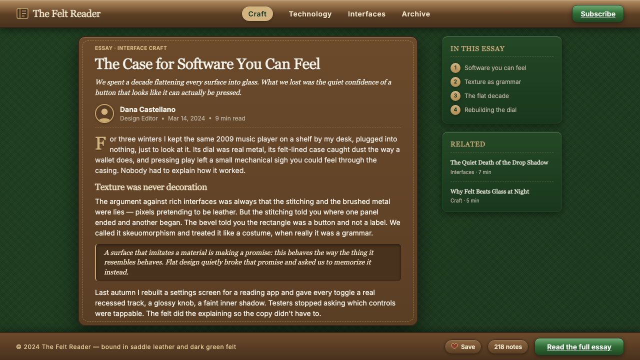 Skeuomorphic iOS design style applied to a Article page