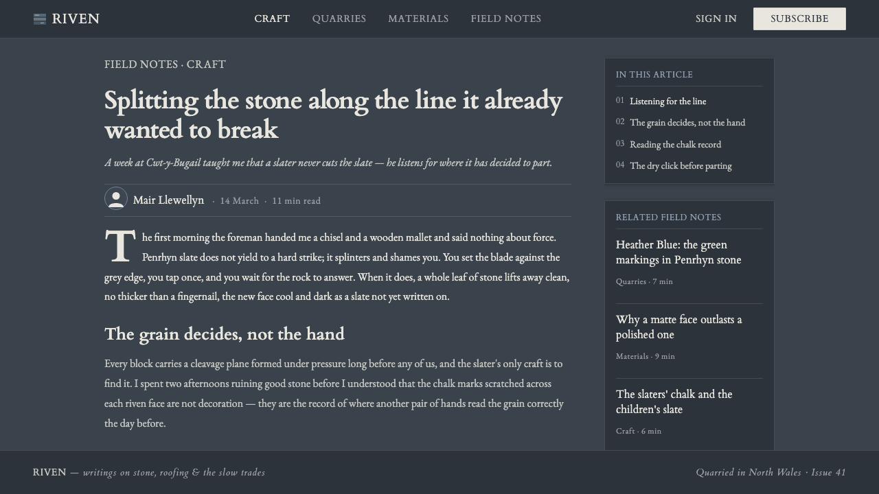 Welsh Slate design style applied to a Article page