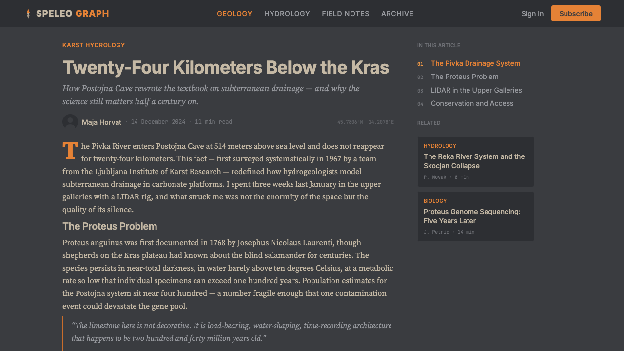 Slovenian Postojna Cave (Karst) design style applied to a Article page