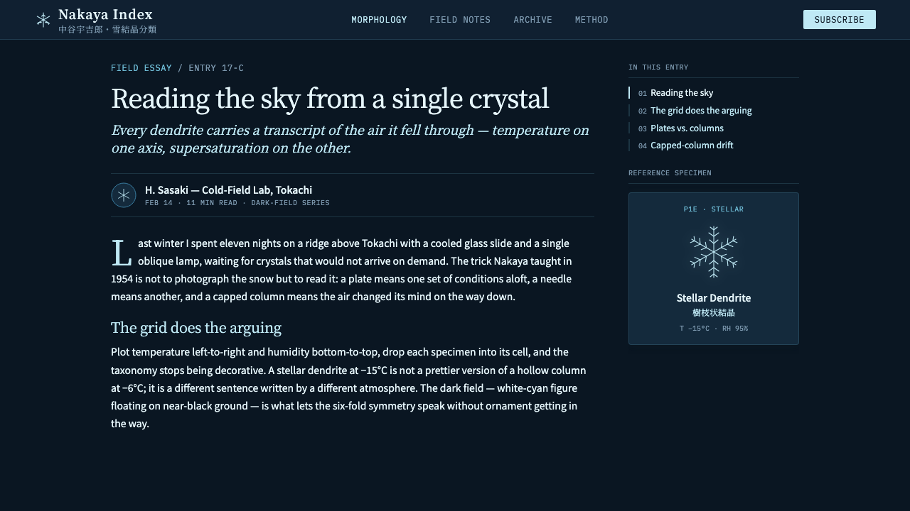 Snow Crystal Classification design style applied to a Article page