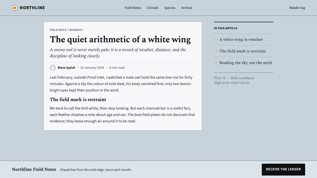 Snowy Owl Tundra design style applied to a Article page