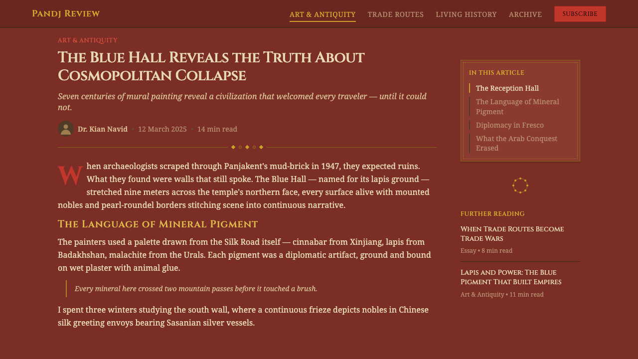 Sogdian Fresco design style applied to a Article page