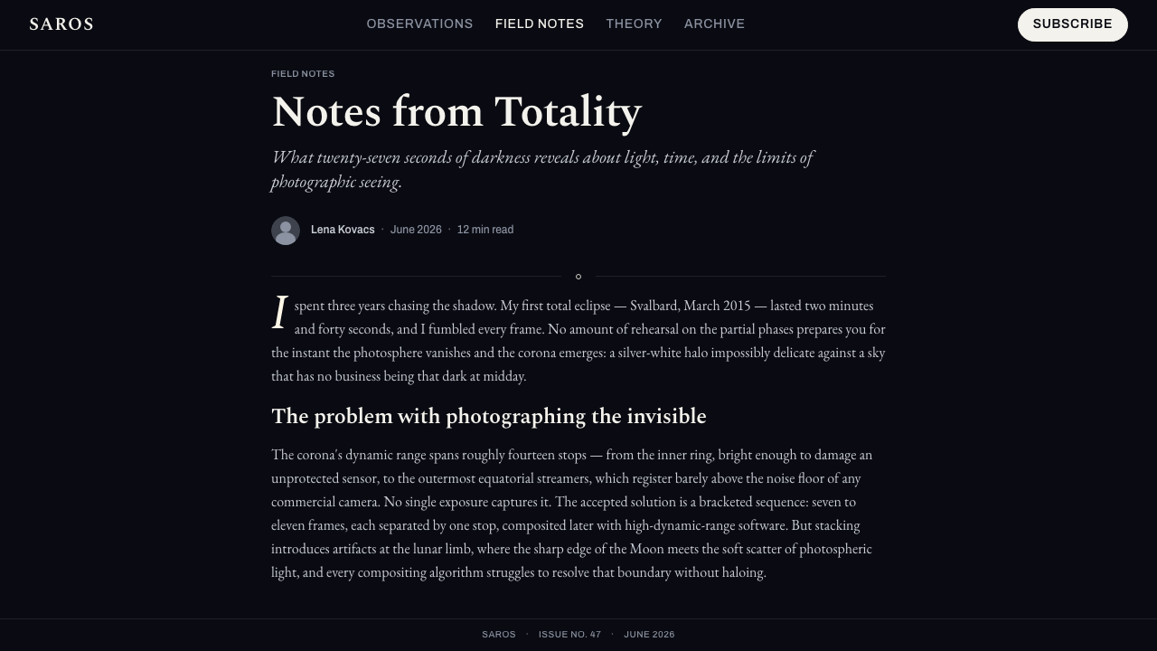 Solar Eclipse Corona design style applied to a Article page