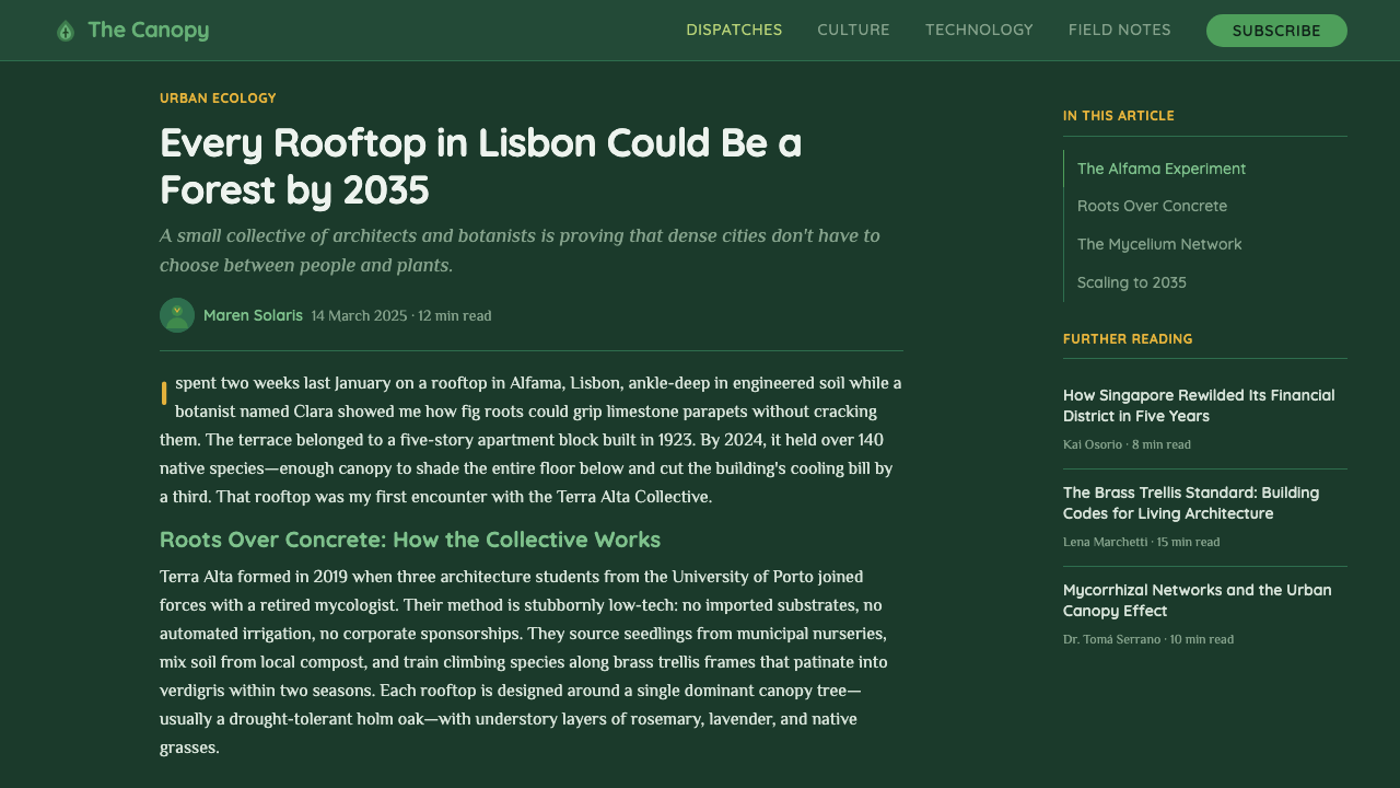 Solarpunk Greenhouse design style applied to a Article page