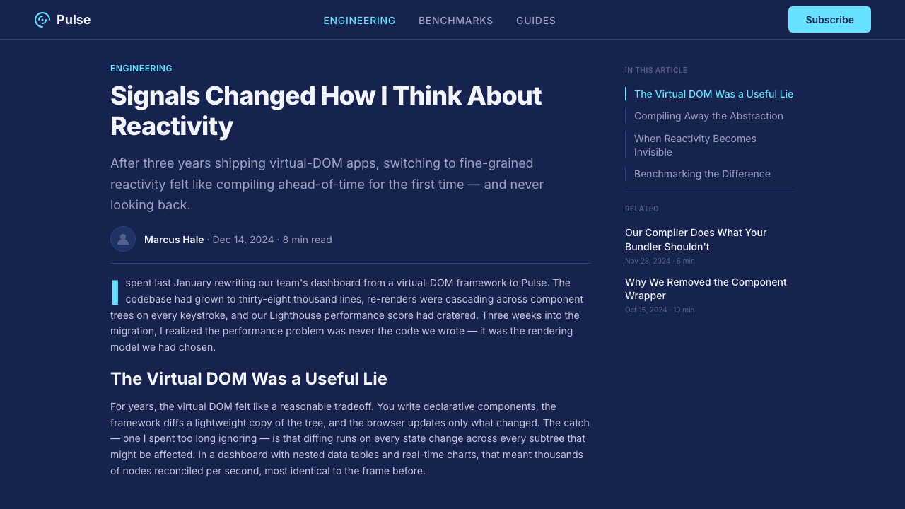 SolidJS Reactive Framework design style applied to a Article page