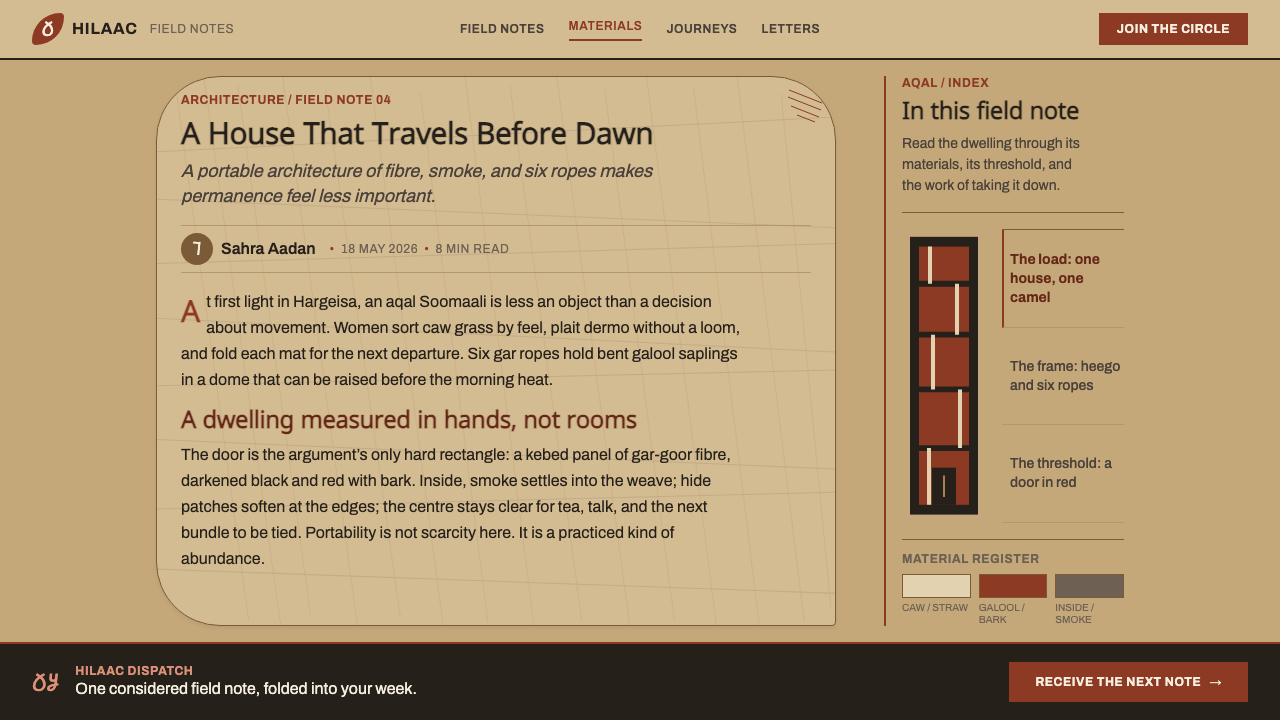 Somali Aqal design style applied to a Article page