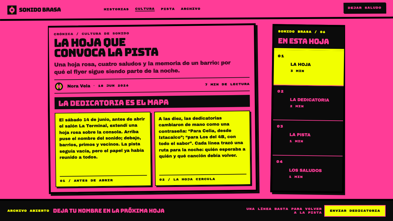 Sonidero Flyer design style applied to a Article page