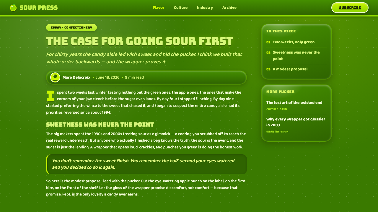 Sour Apple Candy Green design style applied to a Article page