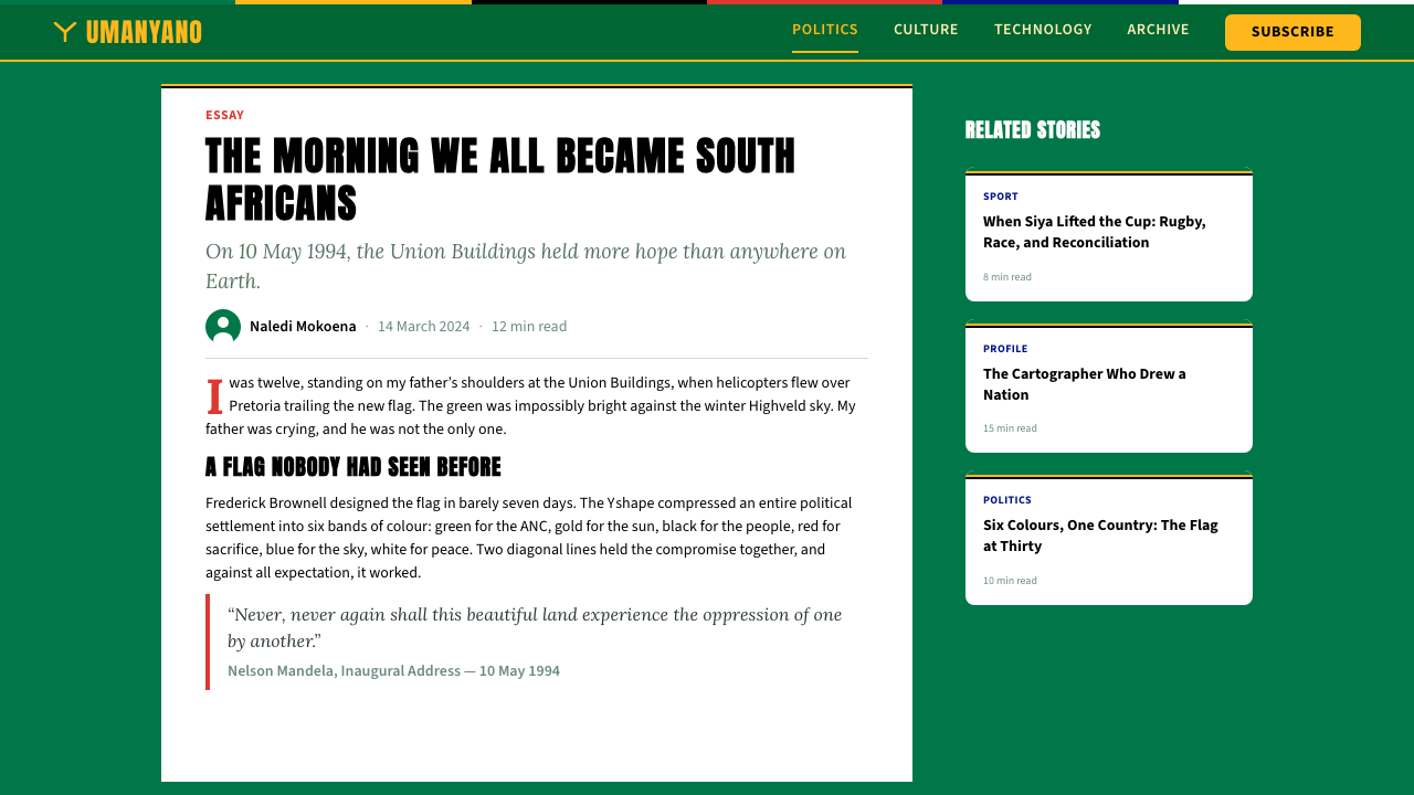 South African Rainbow Nation 1994 design style applied to a Article page
