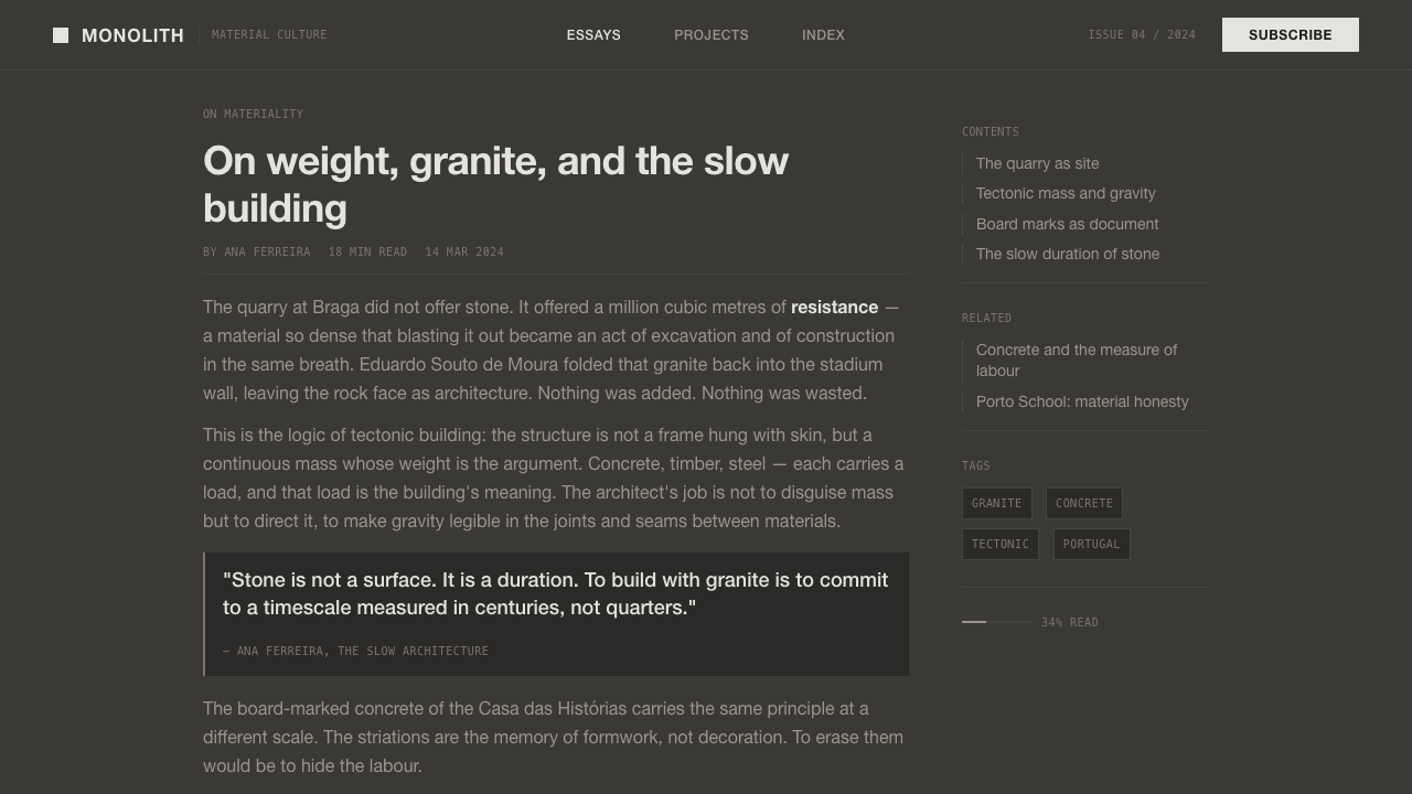 Souto de Moura Granite design style applied to a Article page