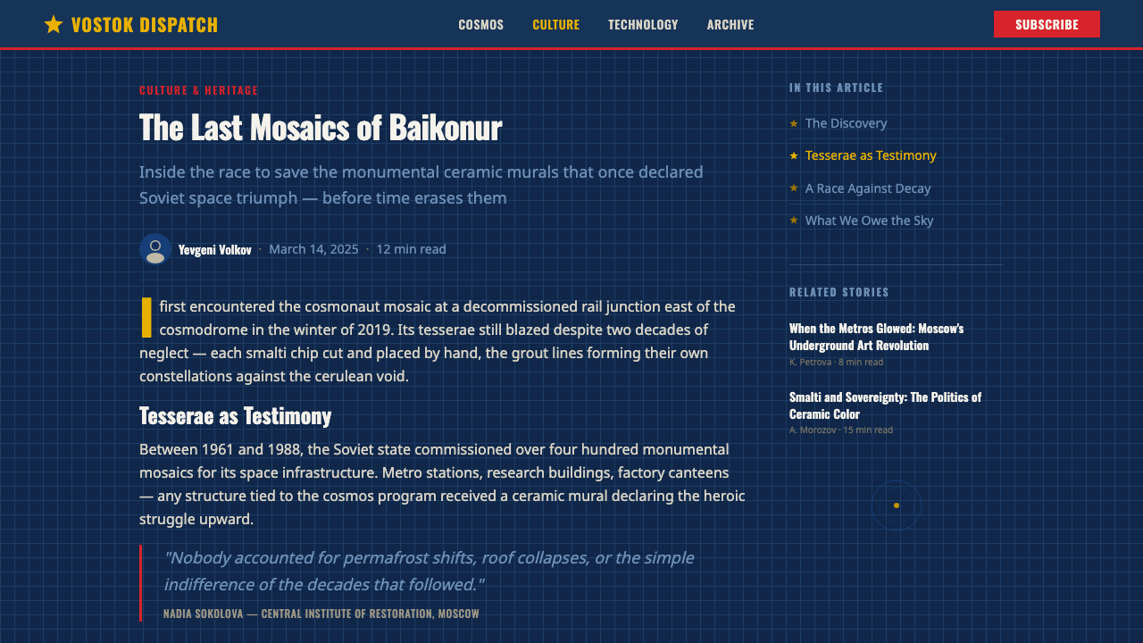 Soviet Cosmic Mosaic design style applied to a Article page
