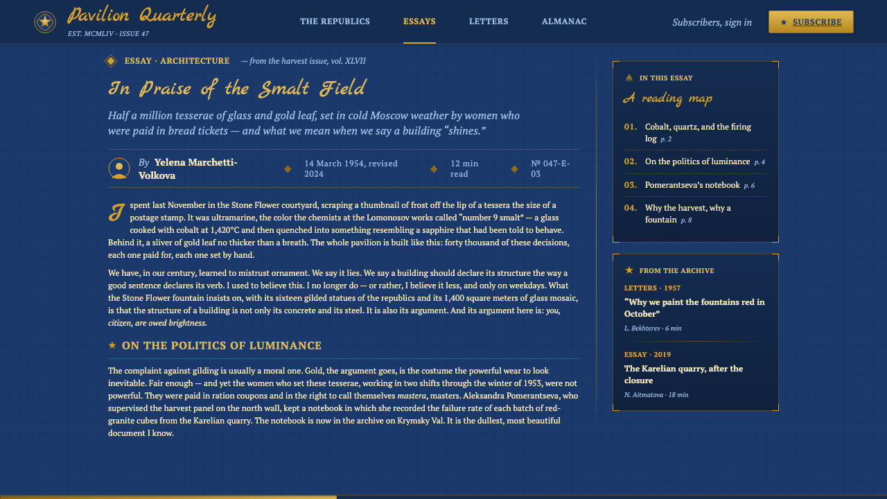 VDNKh Exhibition Pavilions design style applied to a Article page