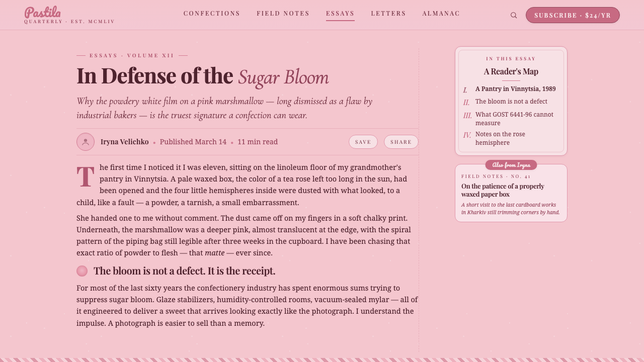 Soviet Zefir Confectionery design style applied to a Article page