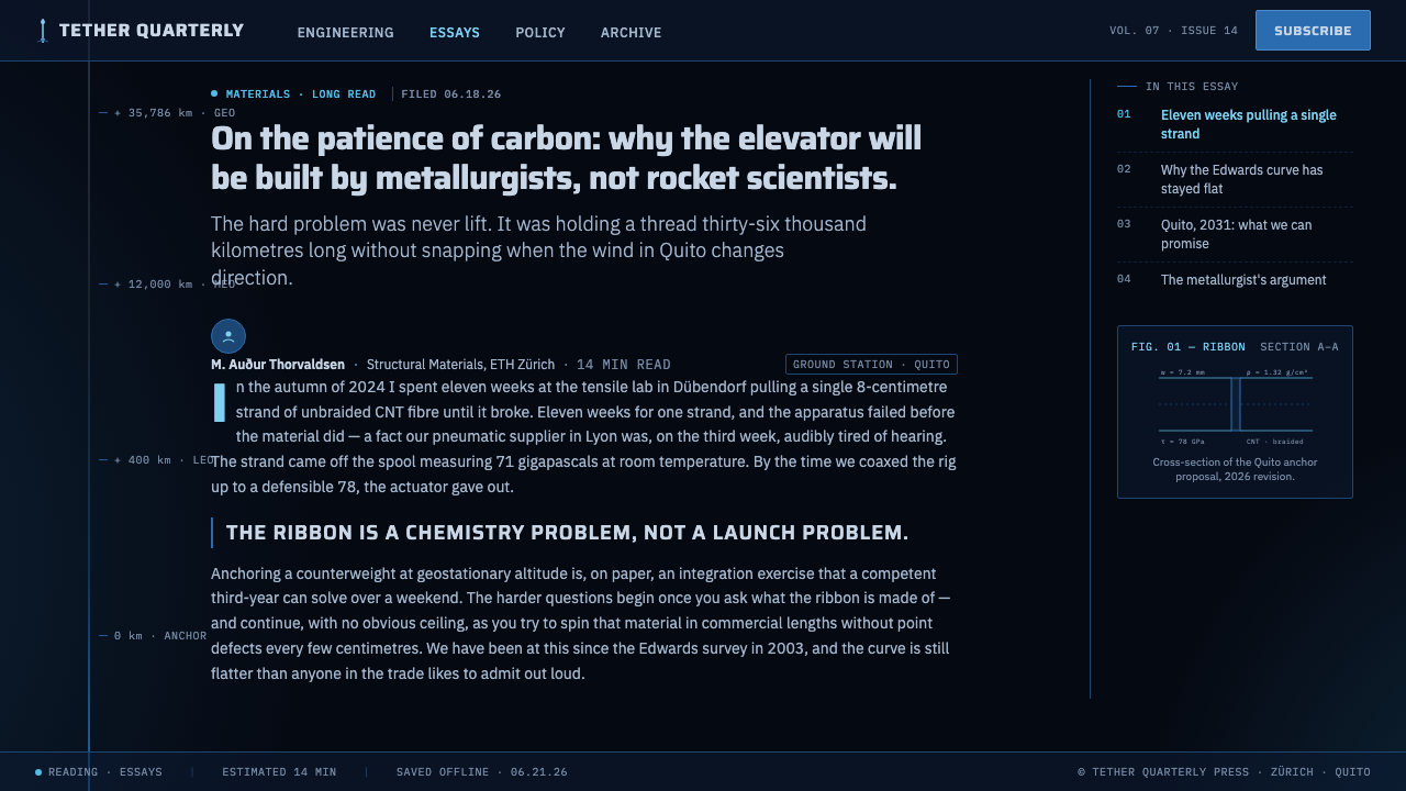 Space Elevator design style applied to a Article page