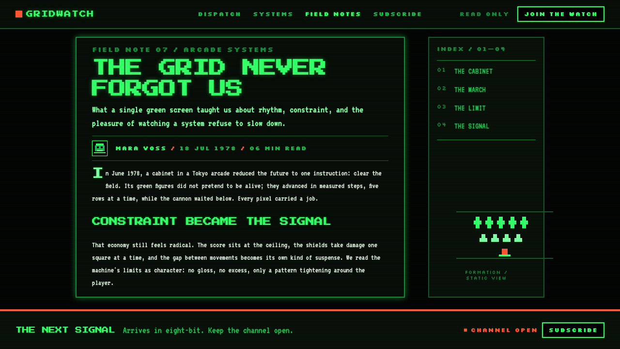 Space Invaders (1978) design style applied to a Article page