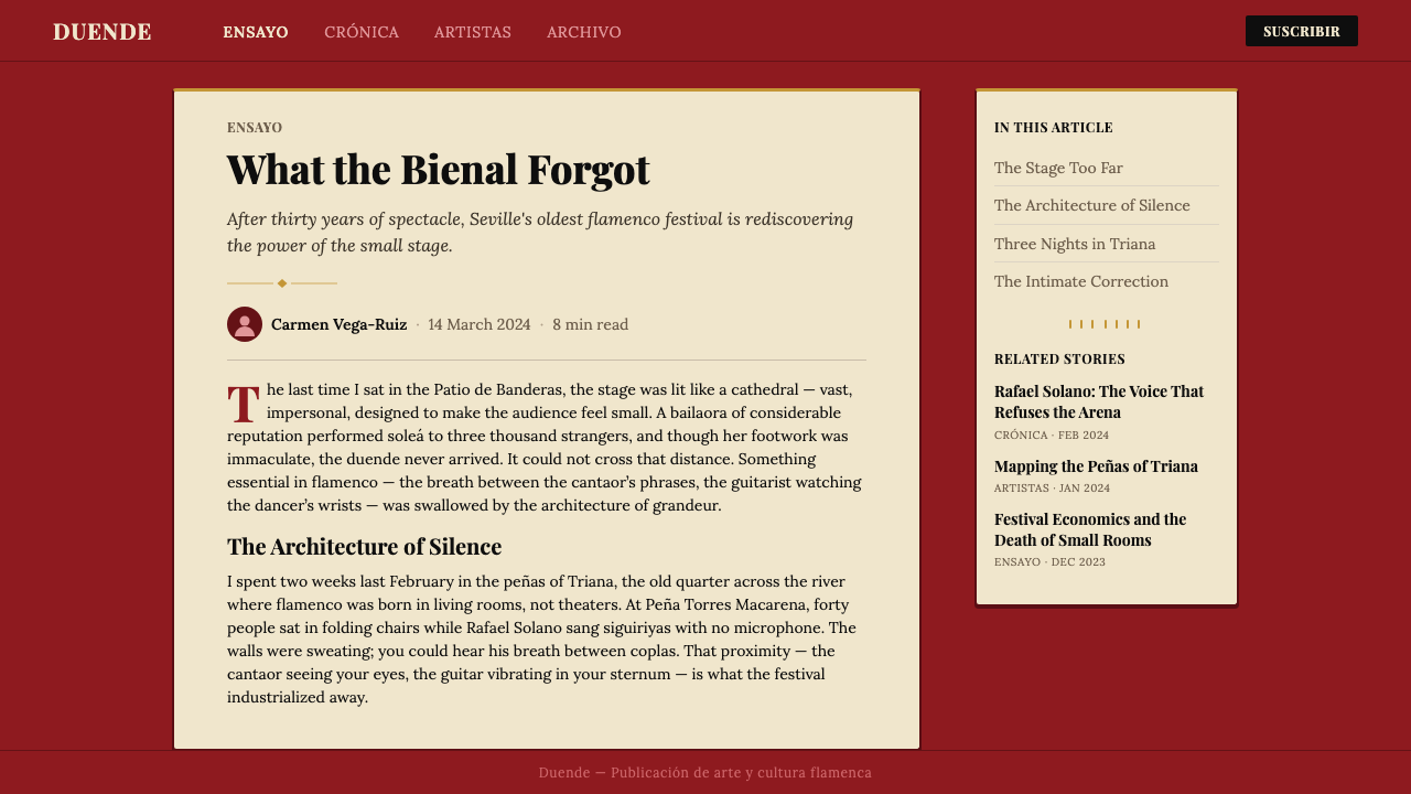 Spanish Flamenco Poster design style applied to a Article page