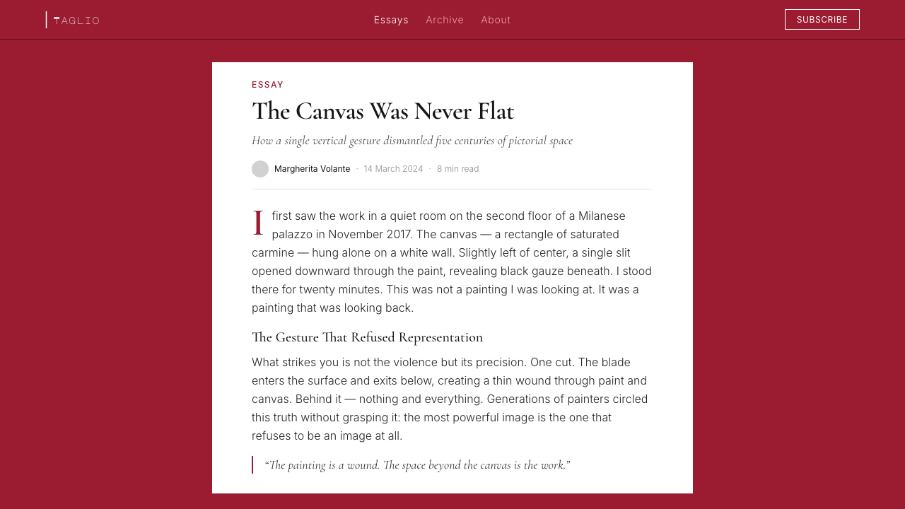 Spatialism (Fontana Cut, 1949) design style applied to a Article page