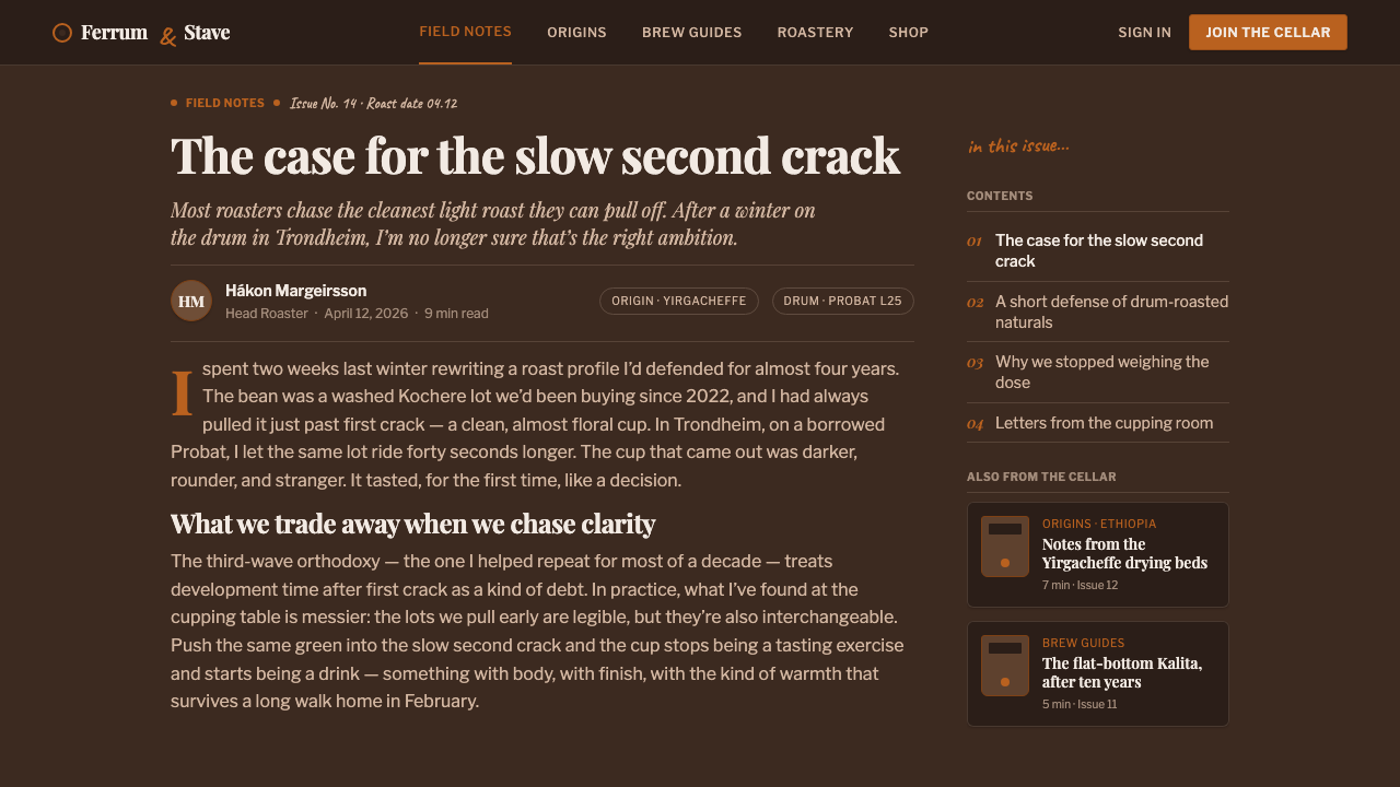Specialty Coffee Bag design style applied to a Article page