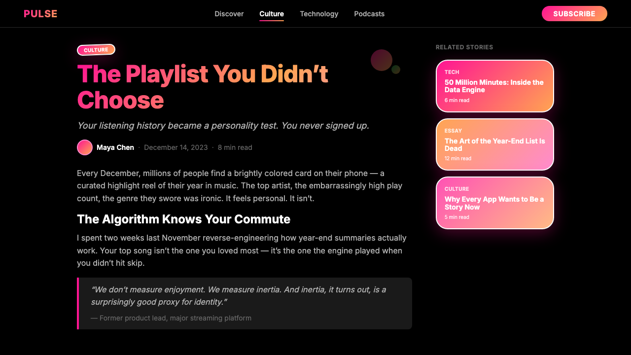 Spotify Wrapped 2023 design style applied to a Article page