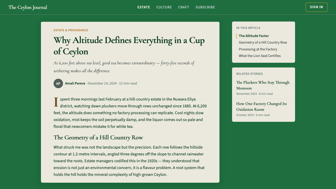 Sri Lanka Ceylon Tea Modern design style applied to a Article page