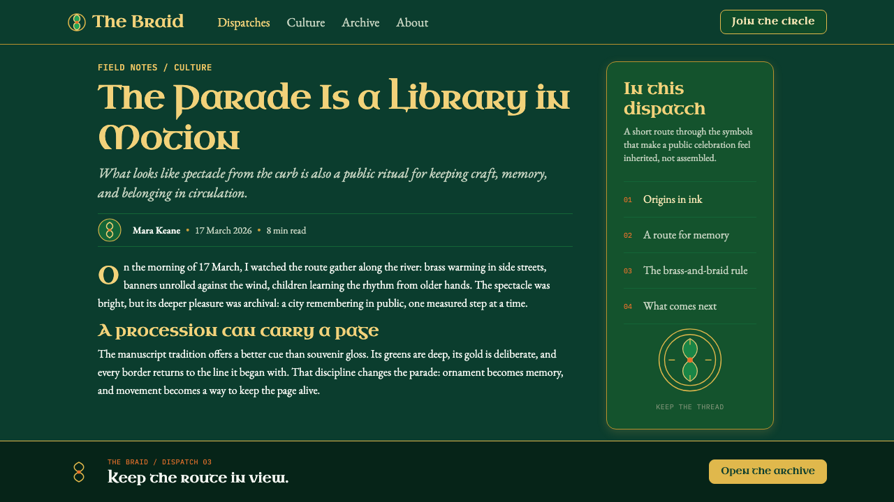 St. Patrick's Day Parade design style applied to a Article page