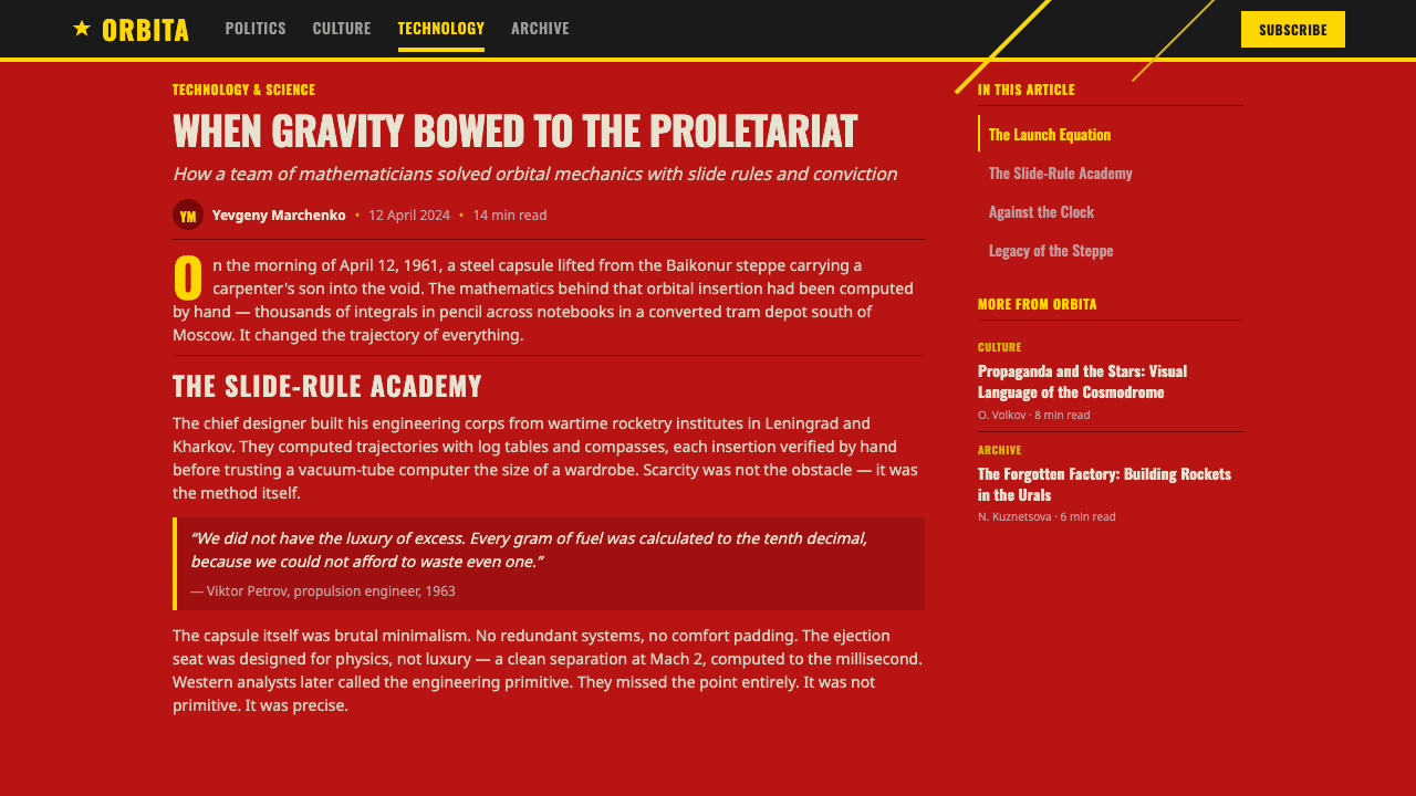Soviet Space Program design style applied to a Article page